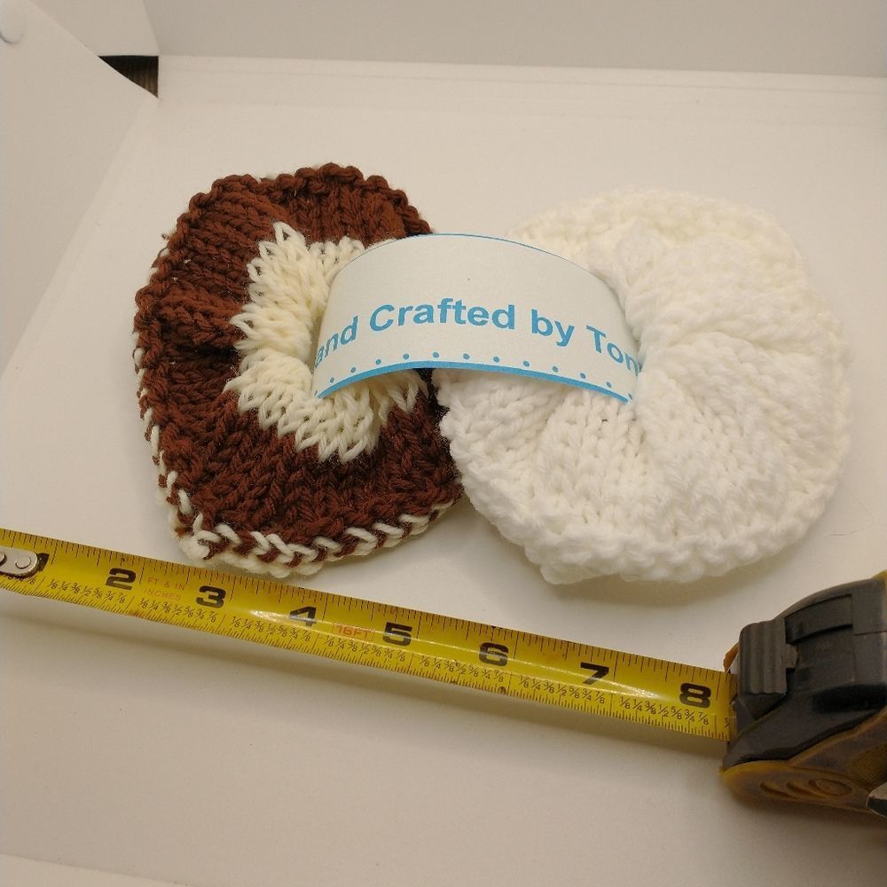 Hand Crafted Knit Scrunchies Brown White Jumbo Hair Band Accessory Set of 2
